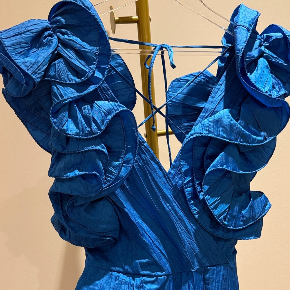 Vintage Ruffled Sleeve V-Neck Junpsuit in Royal Blue